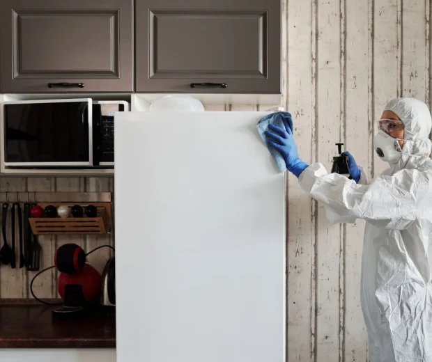 Worker in protective gear wiping down a cabinet panel